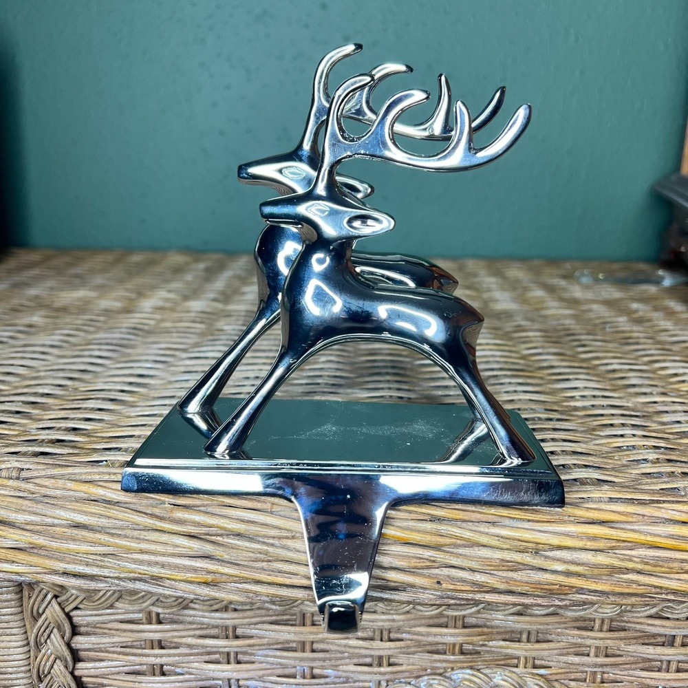 Chrome Reindeer Stocking Hanger Silver Mantle  Hook  Modern Christmas Decor